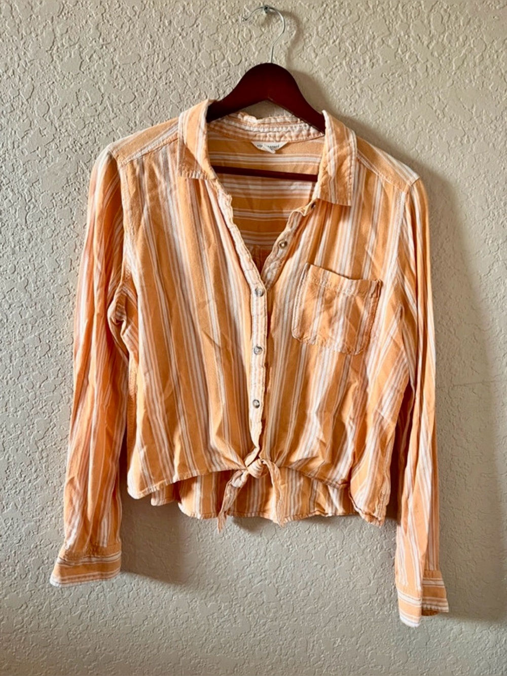 Aeropostale Peach & White Striped Tie-Front Button-Down Large